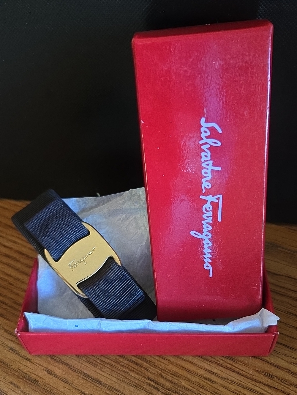 Salvatore Ferragamo Black Grosgrain Barrette with Gold Buckle